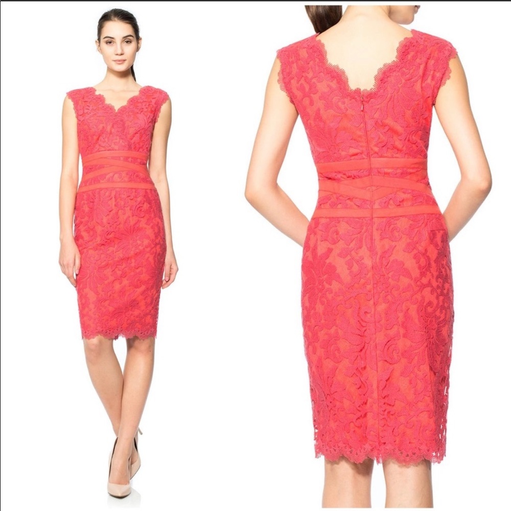 Like NEW Tadashi Shoji Lace Embroidered V Neck Dress in Cantoloupe Size 12